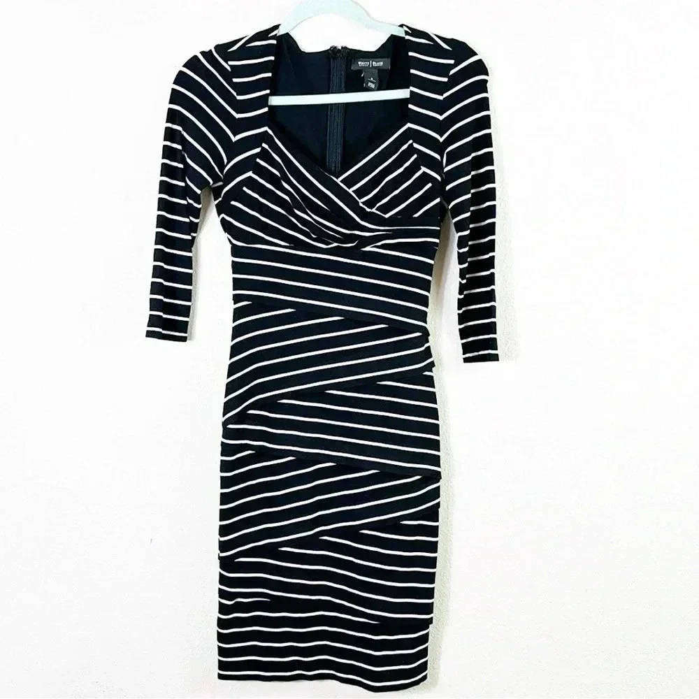 White House Black Market Black White Striped 3/4 Sleeve Bodycon Dress Size 0
